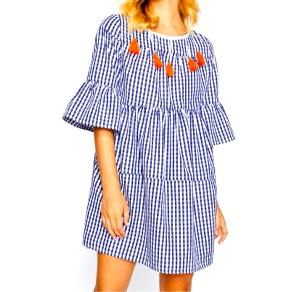 Small Mini Gingham Dress with Orange Tassel Detail.